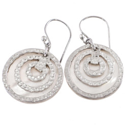 Hammered 925 Silver Round White Oyster Mother Of Pearl Shell Earrings, 7/8"