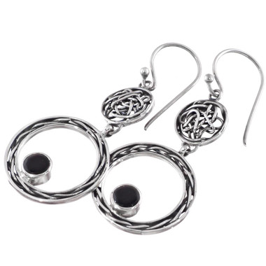 925 Silver Wire Filigree Braiding Onyx Sterling Hoop Dangle Earrings, 1 7/8"