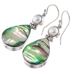 925 Silver Teardrop Paua Abalone Shell Freshwater Pearl Earrings, 1 5/16"