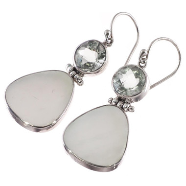 925 Silver Big Green Prasiolite Amethyst White Mother Of Pearl Earrings, 1 1/4"
