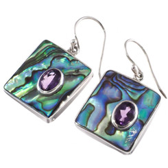 925 Silver Paua Abalone Shell Amethyst Insets Sterling Earrings, 3/4"