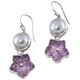 925 Silver Amethyst Plumeria Flower White Freshwater Pearl Earrings, 1 1/4"