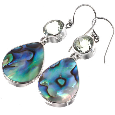 925 Silver 4ct Prasiolite Paua Blue Green Abalone Shell Earrings, 1 5/16"