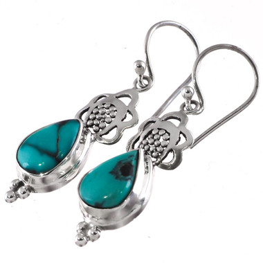925 Silver Pear Turquoise Teardrops Sterling Filigree Earrings, 5/8"