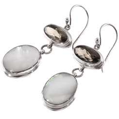 925 Silver Smokey Quartz Oyster White Mother Of Pearl Pearl Earrings, 1 5/16"