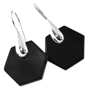 925 Silver Unique Onyx Hexagon Disc Sterling Earrings, 1"