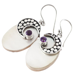 925 Silver Oval Oyster Mother Of Pearl Shell Amethyst Earrings, 1"