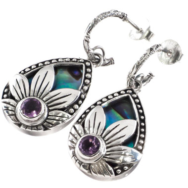 925 Silver Teardrop Paua Abalone Shell Amethyst Post Drop Earrings, 1 3/8"