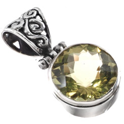 925 Silver Large 12mm Round Lemon Quartz Sterling Pendant, 1"