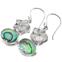 925 Silver Paua Abalone Shell Mother Of Pearl Shell Flower Earrings, 7/8"