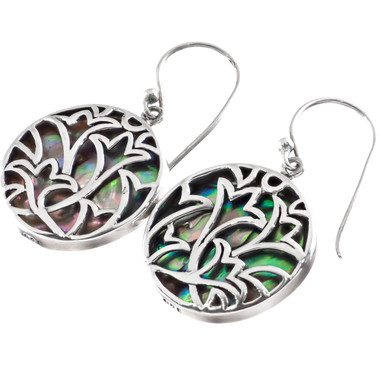 925 Silver Paua Abalone Shell Orchid Floral Filigree Sterling Earrings, 7/8"
