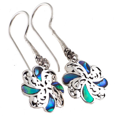 925 Silver Flower Paua Abalone Shell Filigree Sterling Drop Earrings, 1 1/8"