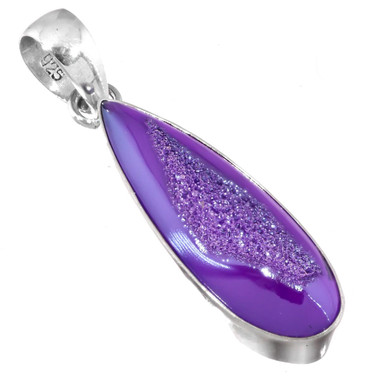 925 Silver Purple Pear Teardrop Titanium Agate Druzy Sterling Pendant, 1 7/8"