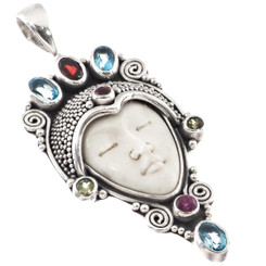 925 Silver Bali Mixed Gems Goddess Bone Sterling Pendant, 1 3/4"