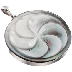 Carved Flower Mother Of Pearl Shell Sterling Silver Pendant, 2"