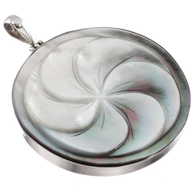 Carved Flower Mother Of Pearl Shell Sterling Silver Pendant, 2"