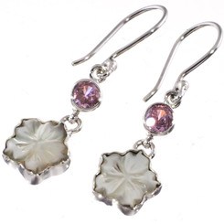 925 Silver Mother Of Pearl Flower Pink Quartz Sterling Earrings, 7/8"
