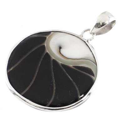 925 Silver Round Black Nautilus Shell Sterling Pendant, 1 1/2"