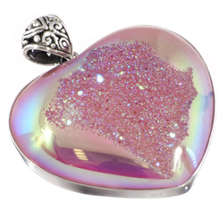 925 Silver Heart Iridescent Pink Opal Titanium Druzy Sterling Pendant, 1 7/8"