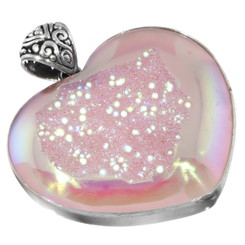 925 Silver Heart Iridescent Pink Opal Titanium Druzy Sterling Pendant, 1 7/8"