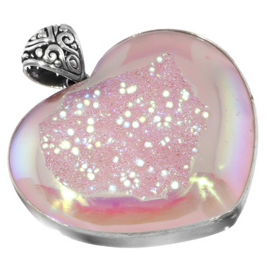 925 Silver Heart Iridescent Pink Opal Titanium Druzy Sterling Pendant, 1 7/8"