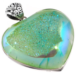 925 Silver Heart Green Si-Opal Titanium Druzy Agate Sterling Pendant, 1 7/8"