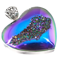 925 Silver Heart Peacock Purple Green Titanium Druzy Sterling Pendant, 1 7/8"