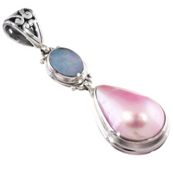 925 Silver Teardrop Pink Mabe Pearl Genuine Opal Gemstone Pendant, 1 3/4"