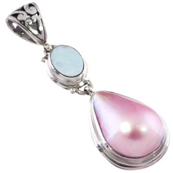 925 Silver Teardrop Pink Mabe Pearl Genuine Opal Gemstone Pendant, 1 3/4"