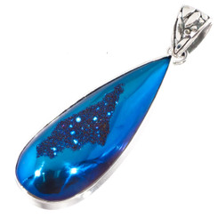 925 Silver Teardrop Pear Cobalt Blue Titanium Druzy Drusy Sterling Pendant, 2"