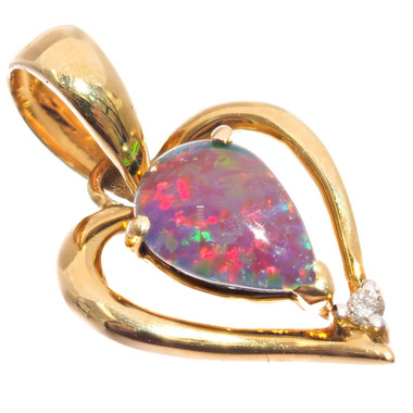 Gold Heart Fiery Natural Australian Opal Triplet 14K Gold Pendant, 3/4"