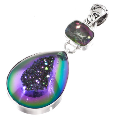 925 Silver Peacock Purple Green Titanium Druzy Drusy Mystic Topaz Pendant,1 7/8"