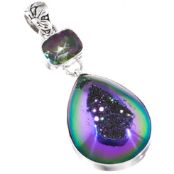 925 Silver Peacock Purple Green Titanium Druzy Drusy Mystic Topaz Pendant,1 7/8"