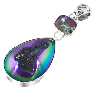 925 Silver Peacock Purple Green Titanium Druzy Drusy Mystic Topaz Pendant,1 7/8"