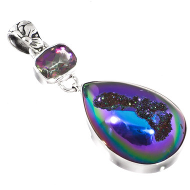 925 Silver Peacock Purple Green Titanium Druzy Drusy Mystic Topaz Pendant,1 7/8"