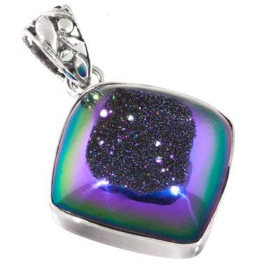 925 Silver Peacock Purple Green Titanium Druzy Drusy Sterling Pendant, 1 1/4"