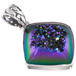 925 Silver Peacock Purple Green Titanium Druzy Drusy Sterling Pendant, 1 1/4"