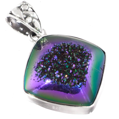 925 Silver Peacock Purple Green Titanium Druzy Drusy Sterling Pendant, 1 1/4"