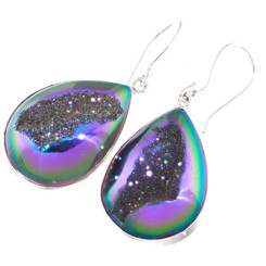 925 Silver Teardrop Peacock Purple Green Titanium Druzy Pear Earrings, 1"
