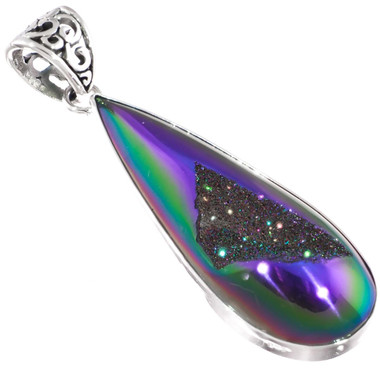 925 Silver Peacock Purple Green Titanium Agate Druzy Sterling Pendant, 2"