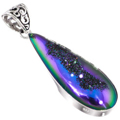 925 Silver Peacock Purple Green Titanium Agate Druzy Sterling Pendant, 2"