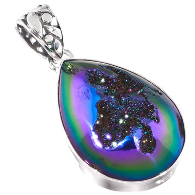 925 Silver Peacock Purple Green Titanium Agate Druzy Sterling Pendant, 1 1/2"