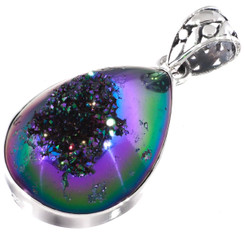 925 Silver Peacock Purple Green Titanium Agate Druzy Sterling Pendant, 1 1/2"