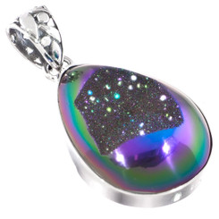925 Silver Peacock Purple Green Titanium Agate Druzy Sterling Pendant, 1 1/2"
