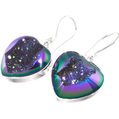 925 Silver Heart Peacock Purple Green Titanium Agate Druzy Earrings, 7/8"