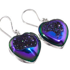 925 Silver Heart Peacock Purple Green Titanium Agate Druzy Earrings, 7/8"