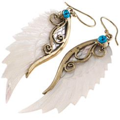 Double Sided White Mother of Pearl shell Blue CZ Stones Carving Earrings, 2"