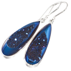 925 Silver Cobalt Blue Titanium Druzy Agate Teardrop Sterling Earrings, 1 1/4"