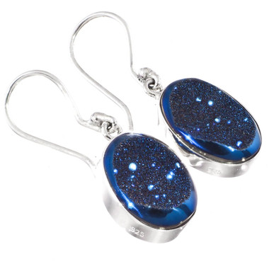 Oval Cobalt Blue Titanium Druzy 925 Silver Earrings, 13/16"