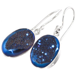 Oval Cobalt Blue Titanium Druzy 925 Silver Earrings, 13/16"